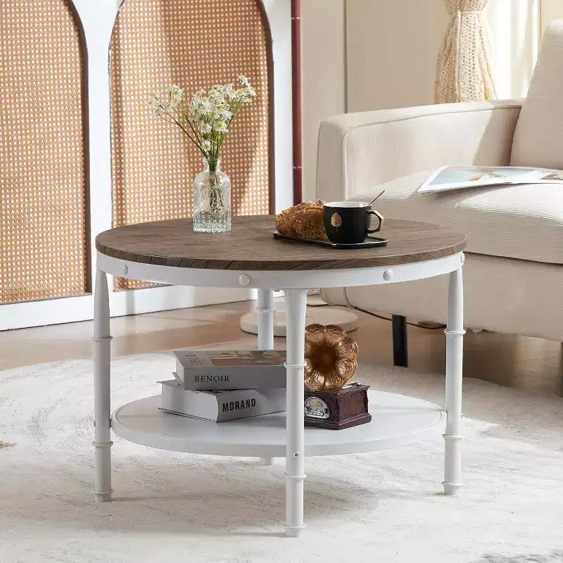 VINGLI 25,6" Noce Scuro Tavolino da Caffè Rotondo Bianco in Stile Rustico, Tavolino da Salotto Rotondo a 2 Livelli con Ripiano per il Soggiorno