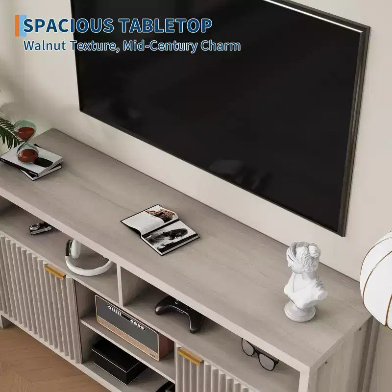 Mobile TV a doghe con vani portaoggetti, ripiani regolabili, porta TV in stile rustico, mobile multimediale sottile in legno per soggiorni, camere da letto e appartamenti