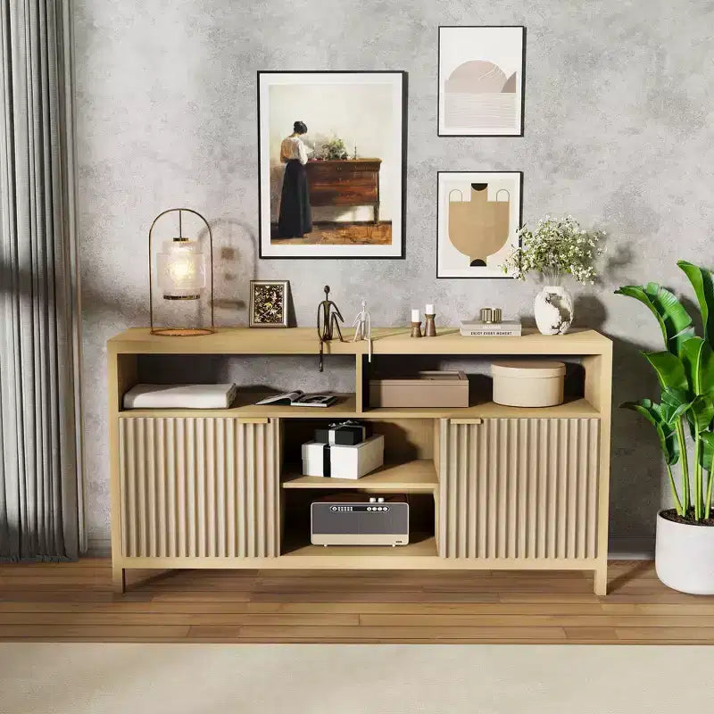 Mobile TV a doghe con vani portaoggetti, ripiani regolabili, porta TV in stile rustico, mobile multimediale sottile in legno per soggiorni, camere da letto e appartamenti