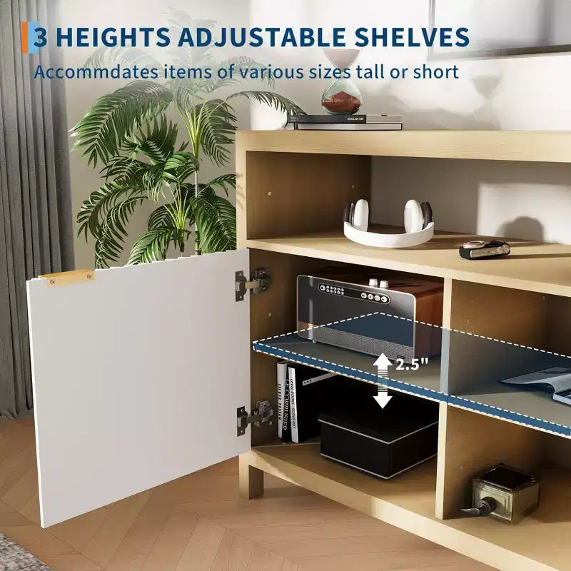 Mobile TV a doghe con vani portaoggetti, ripiani regolabili, porta TV in stile rustico, mobile multimediale sottile in legno per soggiorni, camere da letto e appartamenti
