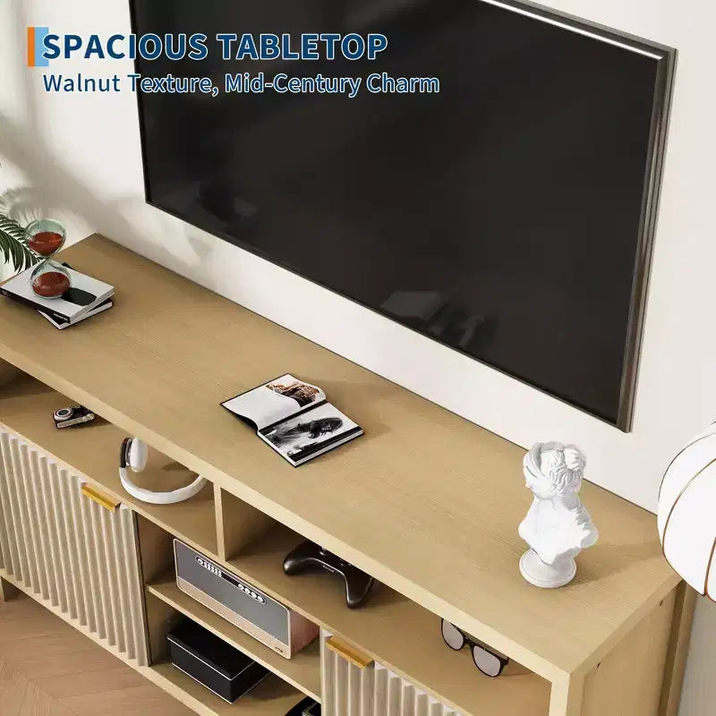 Mobile TV a doghe con vani portaoggetti, ripiani regolabili, porta TV in stile rustico, mobile multimediale sottile in legno per soggiorni, camere da letto e appartamenti