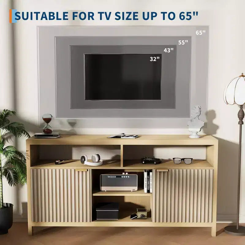 Mobile TV a doghe con vani portaoggetti, ripiani regolabili, porta TV in stile rustico, mobile multimediale sottile in legno per soggiorni, camere da letto e appartamenti