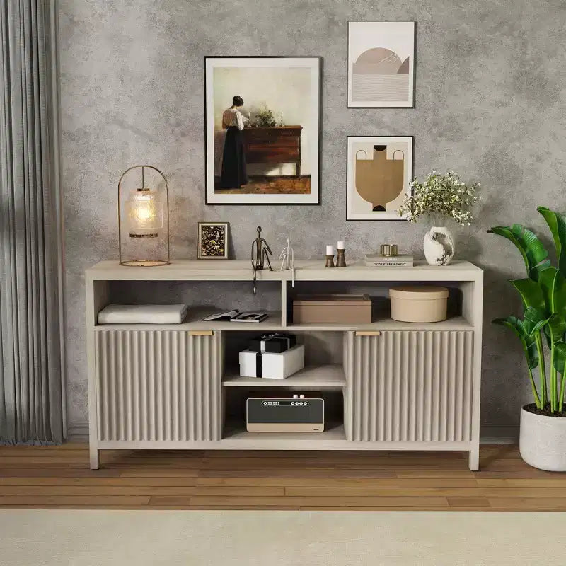 Mobile TV a doghe con vani portaoggetti, ripiani regolabili, porta TV in stile rustico, mobile multimediale sottile in legno per soggiorni, camere da letto e appartamenti