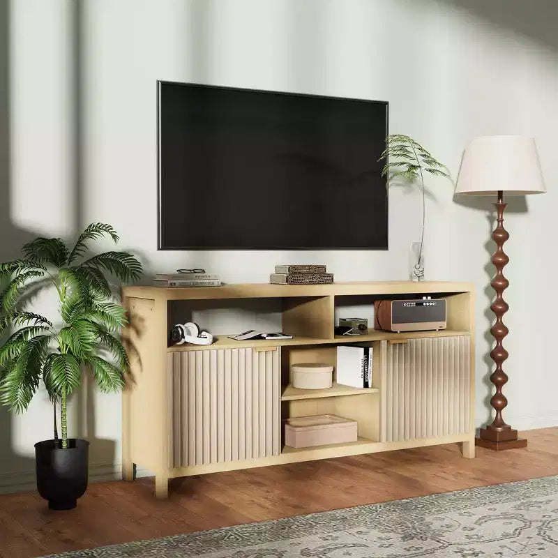 Slotted TV Console with Storage, Adjustable Shelves, Farmhouse-Style TV Stand, Slim Wooden Media Center for Living Rooms, Bedrooms, and Apartments