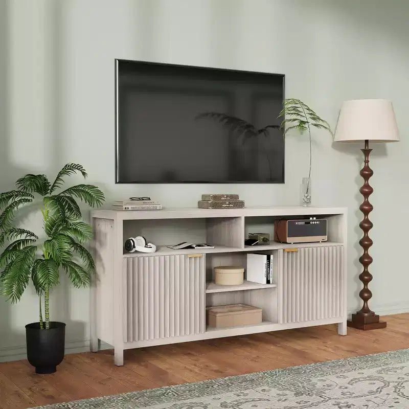 Meuble TV à fentes avec rangement, étagères réglables, meuble TV style ferme, centre média en bois mince pour les salons, les chambres et les appartements