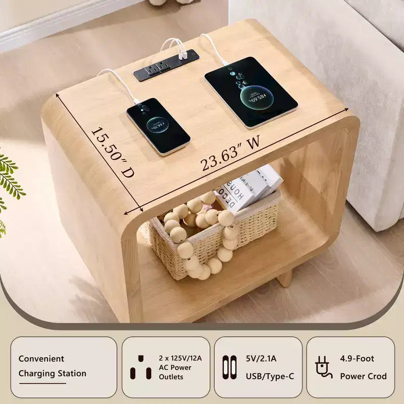 Table de chevet avec station de recharge, table de nuit en bois de 60 cm avec étagère ouverte, table d'appoint moderne pour salon et chambre à coucher