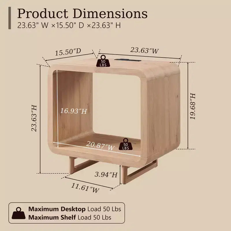 Table de chevet avec station de recharge, table de nuit en bois de 60 cm avec étagère ouverte, table d'appoint moderne pour salon et chambre à coucher