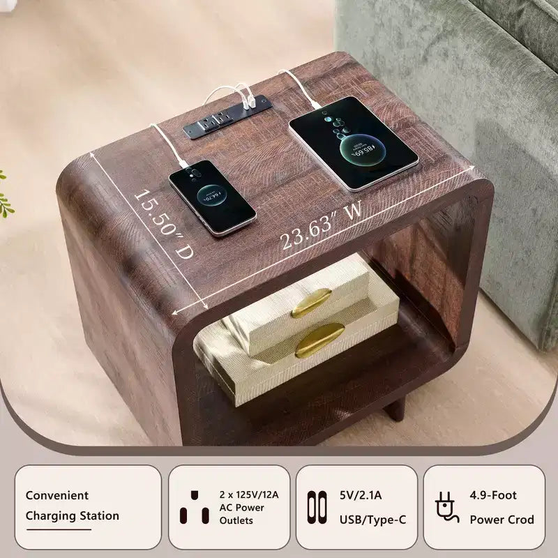 Table de chevet avec station de recharge, table de nuit en bois de 60 cm avec étagère ouverte, table d'appoint moderne pour salon et chambre à coucher