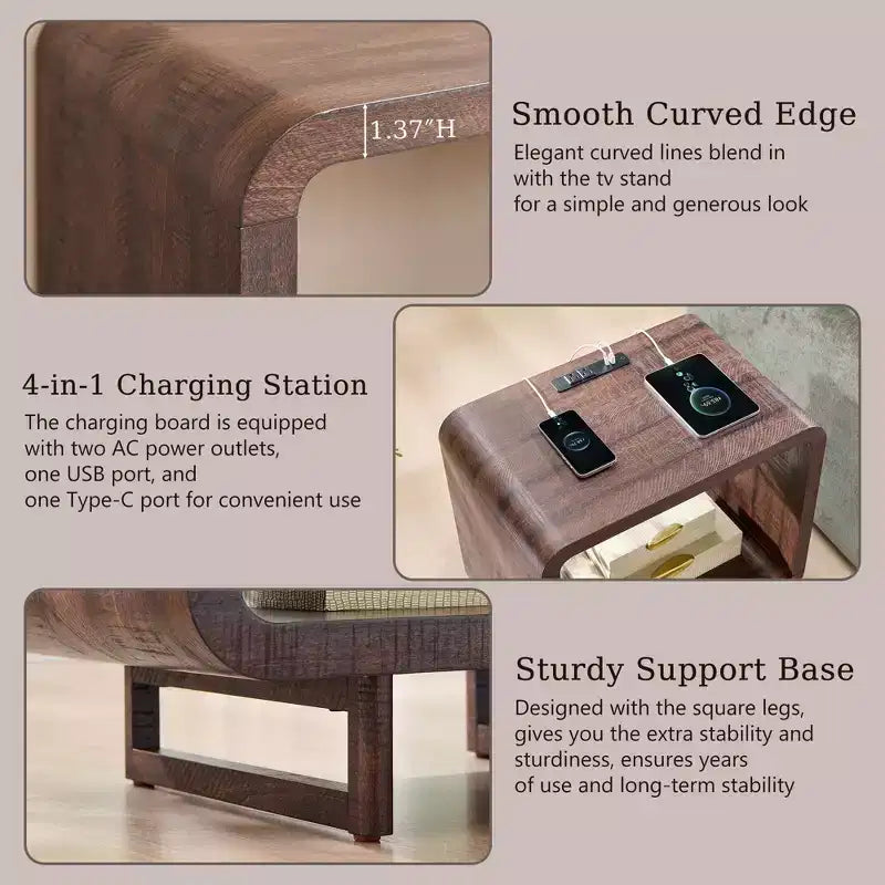 Table de chevet avec station de recharge, table de nuit en bois de 60 cm avec étagère ouverte, table d'appoint moderne pour salon et chambre à coucher