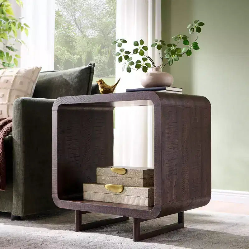 End Table with Charging Station, 23.6 Wood Nightstand with Open Shelf Storage, Modern Side Table for Living Room, Bedroom