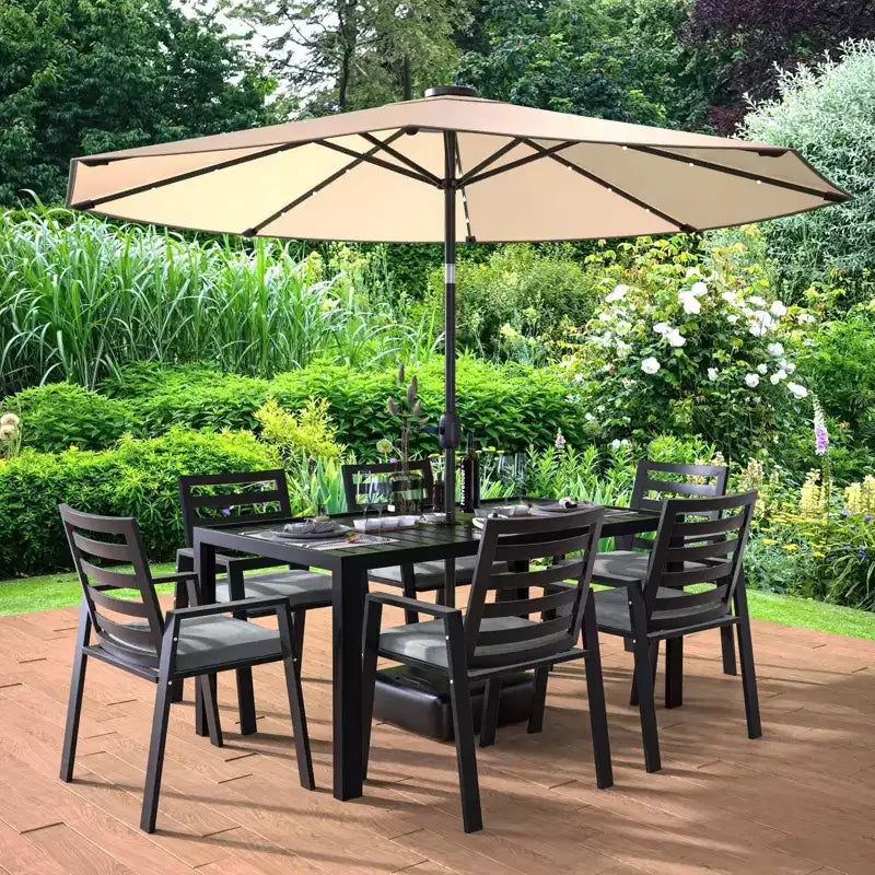 Ensemble de repas 7 pièces LesiureMod Chelsea - Table de salle à manger extérieure en aluminium avec trou pour parasol et chaises à accoudoirs avec coussin