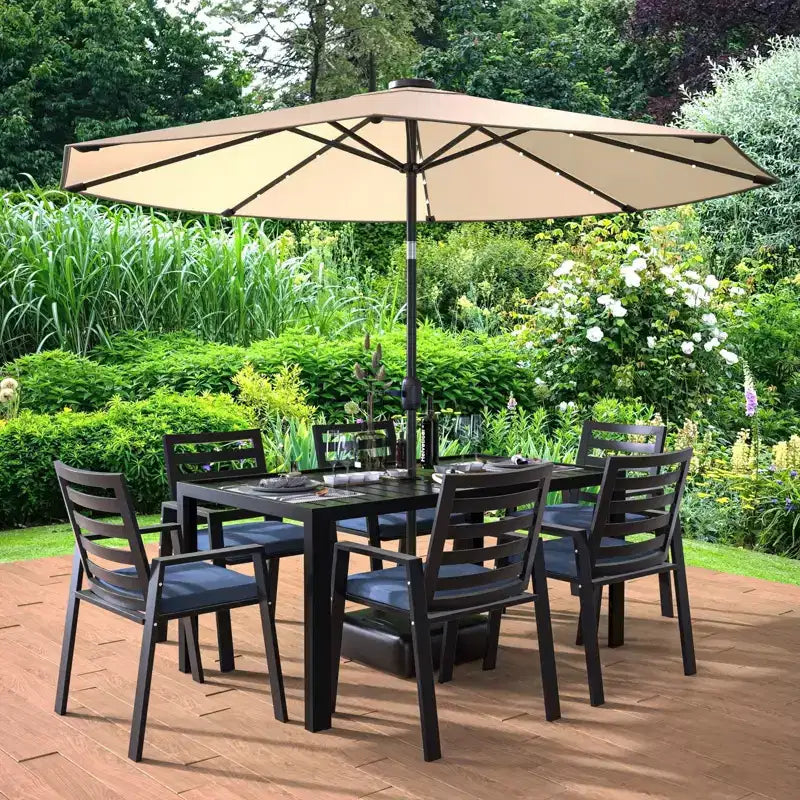 Ensemble de repas 7 pièces LesiureMod Chelsea - Table de salle à manger extérieure en aluminium avec trou pour parasol et chaises à accoudoirs avec coussin