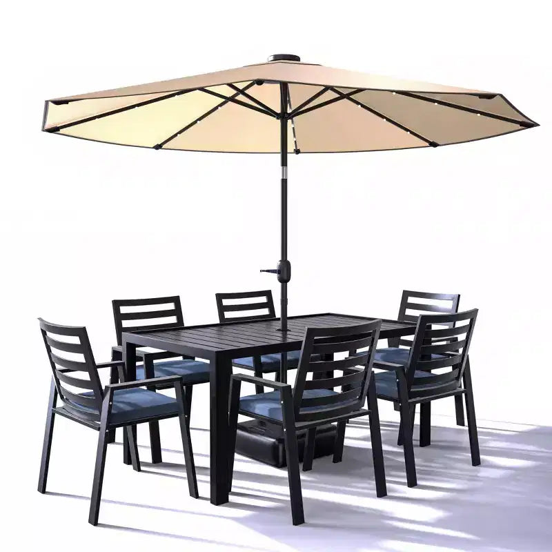 Ensemble de repas 7 pièces LesiureMod Chelsea - Table de salle à manger extérieure en aluminium avec trou pour parasol et chaises à accoudoirs avec coussin
