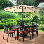 Ensemble de repas 7 pièces LesiureMod Chelsea - Table de salle à manger extérieure en aluminium avec trou pour parasol et chaises à accoudoirs avec coussin