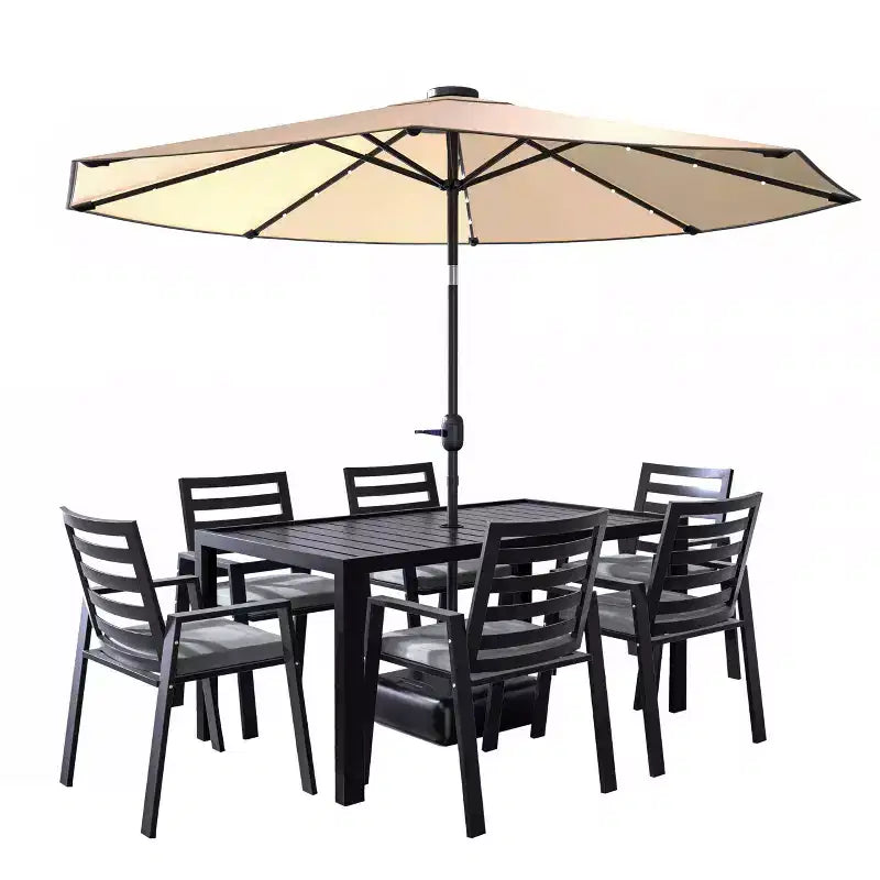 Ensemble de repas 7 pièces LesiureMod Chelsea - Table de salle à manger extérieure en aluminium avec trou pour parasol et chaises à accoudoirs avec coussin