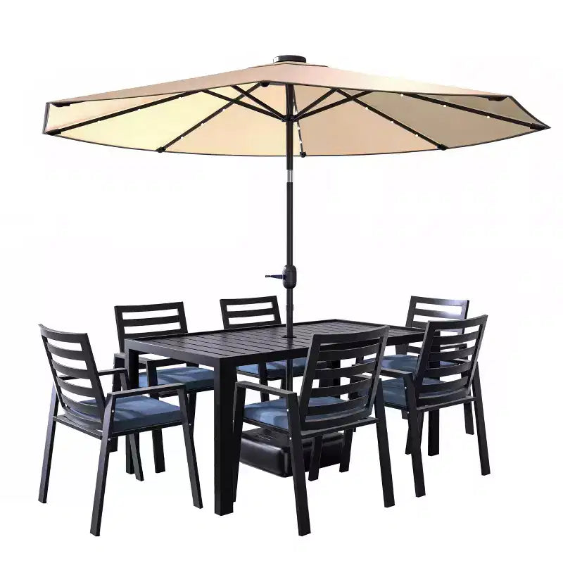 Ensemble de repas 7 pièces LesiureMod Chelsea - Table de salle à manger extérieure en aluminium avec trou pour parasol et chaises à accoudoirs avec coussin