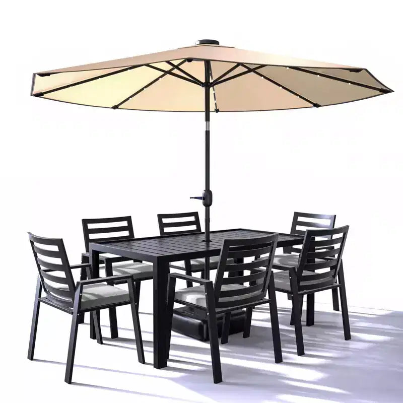 Ensemble de repas 7 pièces LesiureMod Chelsea - Table de salle à manger extérieure en aluminium avec trou pour parasol et chaises à accoudoirs avec coussin