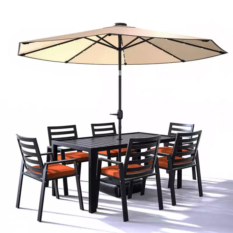 Ensemble de repas 7 pièces LesiureMod Chelsea - Table de salle à manger extérieure en aluminium avec trou pour parasol et chaises à accoudoirs avec coussin