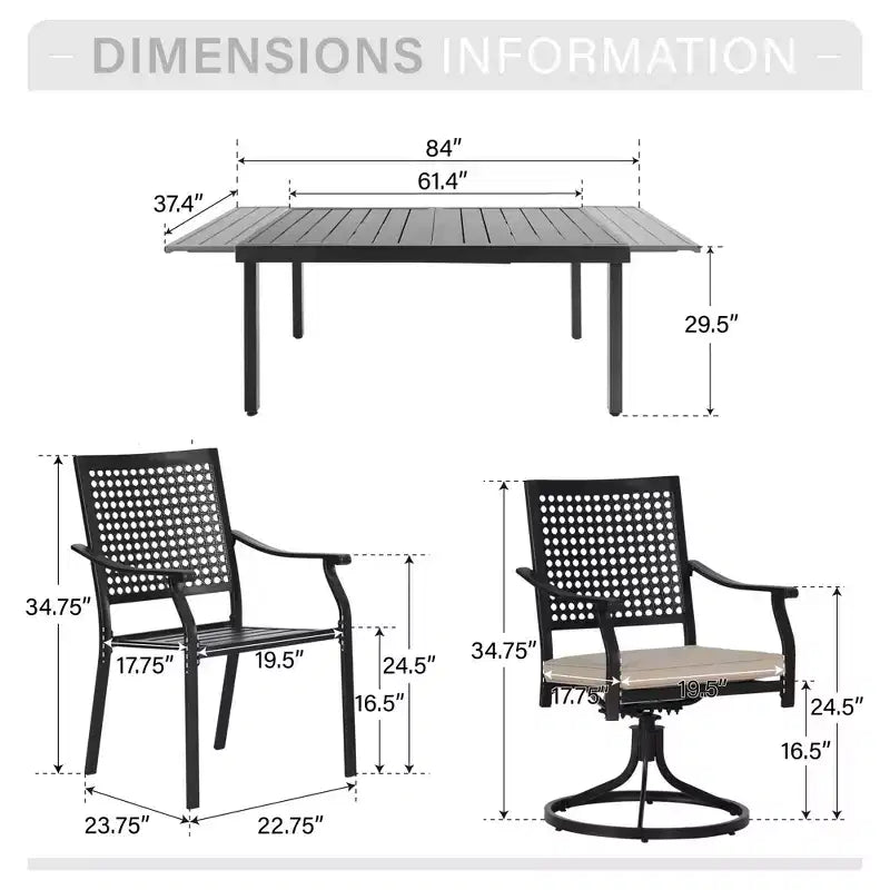 Captiva Designs Tavolo da pranzo rettangolare espandibile con piano a doghe in acciaio e 6 eleganti sedie in metallo con schienale, 7 pezzi per patio
