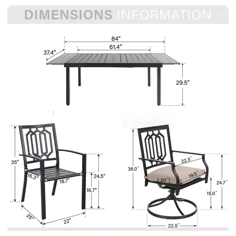 Captiva Designs Tavolo da pranzo rettangolare espandibile con piano a doghe in acciaio e 6 eleganti sedie in metallo con schienale, 7 pezzi per patio