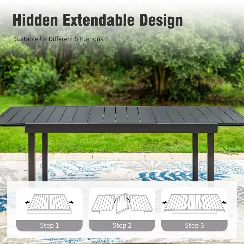 Captiva Designs Tavolo da pranzo rettangolare espandibile con piano a doghe in acciaio e 6 eleganti sedie in metallo con schienale, 7 pezzi per patio