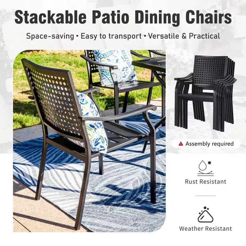 Captiva Designs Tavolo da pranzo rettangolare espandibile con piano a doghe in acciaio e 6 eleganti sedie in metallo con schienale, 7 pezzi per patio