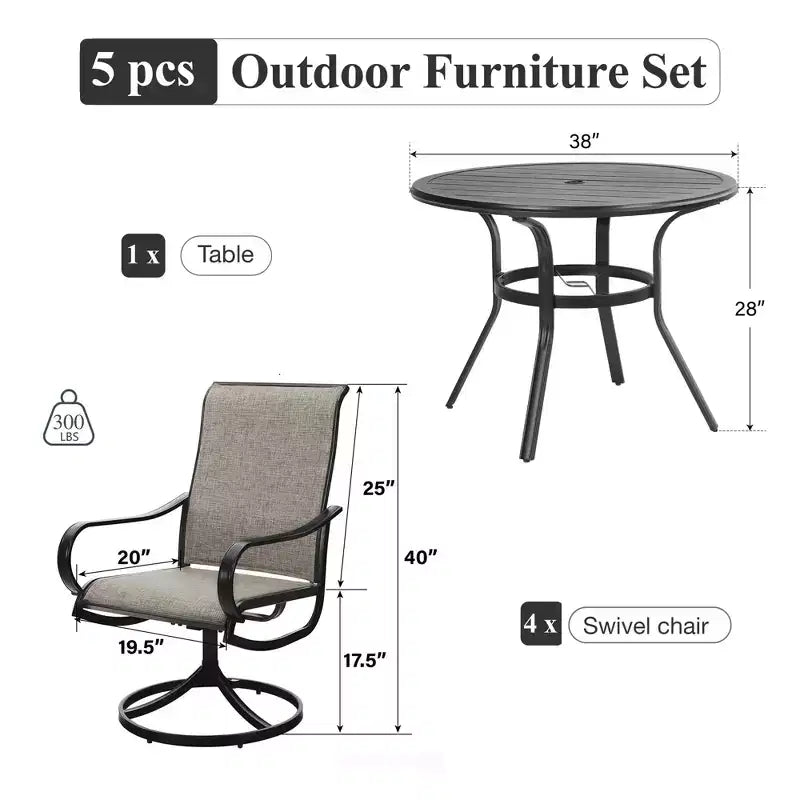 Captiva Designs Set da pranzo da 5 pezzi per esterni con tavolo rotondo in acciaio con piano a doghe nero e sedie a fionda con struttura in acciaio