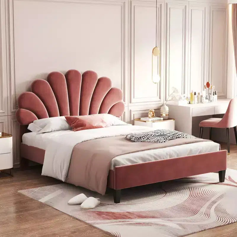 Struttura letto imbottita Full/Queen con testiera in velluto con motivo floreale
