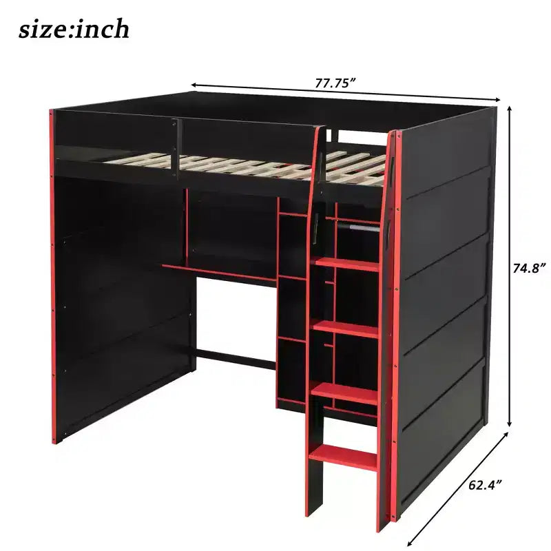 Lit mezzanine Luxystar Gaming avec bureau, lumières RVB et rangements, lit pleine grandeur peu encombrant pour adolescents et adultes