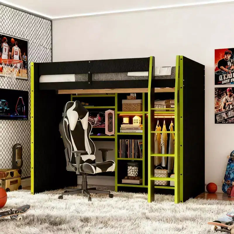 Luxystar Letto a soppalco con scrivania, luci RGB e contenitore, letto salvaspazio a una piazza e mezza per ragazzi e adulti
