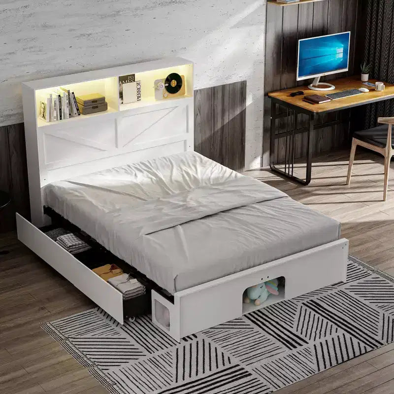 Famapy Smart Bluetooth-Enabled Bed Frame,App-Contrl,Custom RGB Lights,Power Outlets, Open Shelves+4 Rolling Drawers,Central Iron Frame,Pet Nook