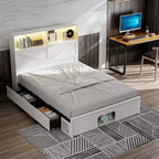 Famapy Smart Bluetooth-Enabled Bed Frame,App-Contrl,Custom RGB Lights,Power Outlets, Open Shelves+4 Rolling Drawers,Central Iron Frame,Pet Nook
