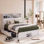 Cadre de lit intelligent Famapy avec Bluetooth, contrôle par application, lumières RVB personnalisables, prises de courant, étagères ouvertes + 4 tiroirs roulants, cadre central en fer, niche pour animaux de compagnie
