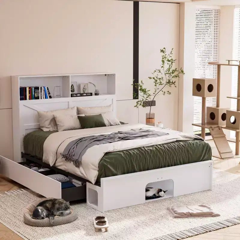 Cadre de lit intelligent Famapy avec Bluetooth, contrôle par application, lumières RVB personnalisables, prises de courant, étagères ouvertes + 4 tiroirs roulants, cadre central en fer, niche pour animaux de compagnie