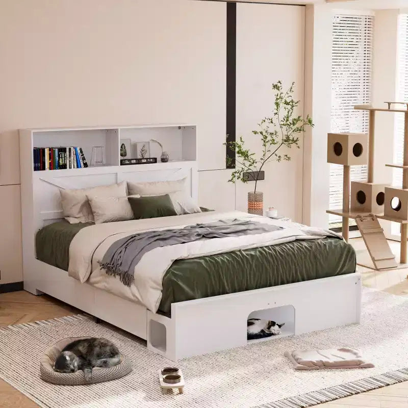 Cadre de lit intelligent Famapy avec Bluetooth, contrôle par application, lumières RVB personnalisables, prises de courant, étagères ouvertes + 4 tiroirs roulants, cadre central en fer, niche pour animaux de compagnie