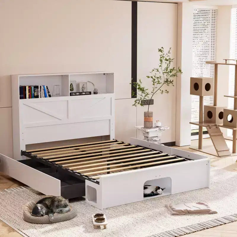 Cadre de lit intelligent Famapy avec Bluetooth, contrôle par application, lumières RVB personnalisables, prises de courant, étagères ouvertes + 4 tiroirs roulants, cadre central en fer, niche pour animaux de compagnie