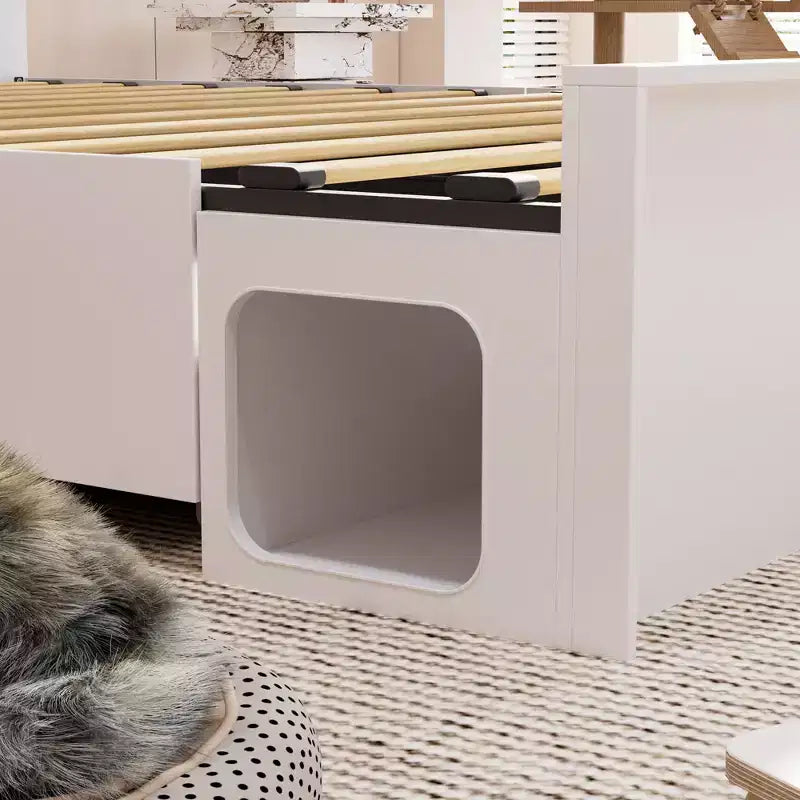 Cadre de lit intelligent Famapy avec Bluetooth, contrôle par application, lumières RVB personnalisables, prises de courant, étagères ouvertes + 4 tiroirs roulants, cadre central en fer, niche pour animaux de compagnie
