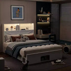 Cadre de lit intelligent Famapy avec Bluetooth, contrôle par application, lumières RVB personnalisables, prises de courant, étagères ouvertes + 4 tiroirs roulants, cadre central en fer, niche pour animaux de compagnie