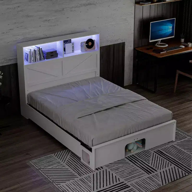 Cadre de lit intelligent Famapy avec Bluetooth, contrôle par application, lumières RVB personnalisables, prises de courant, étagères ouvertes + 4 tiroirs roulants, cadre central en fer, niche pour animaux de compagnie
