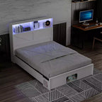 Cadre de lit intelligent Famapy avec Bluetooth, contrôle par application, lumières RVB personnalisables, prises de courant, étagères ouvertes + 4 tiroirs roulants, cadre central en fer, niche pour animaux de compagnie