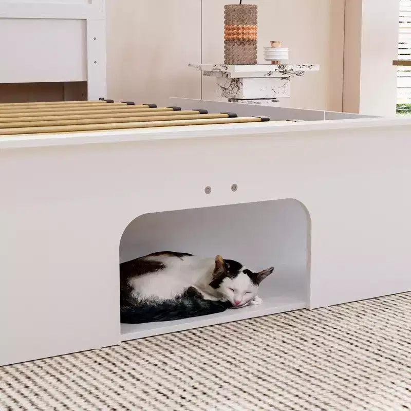 Cadre de lit intelligent Famapy avec Bluetooth, contrôle par application, lumières RVB personnalisables, prises de courant, étagères ouvertes + 4 tiroirs roulants, cadre central en fer, niche pour animaux de compagnie