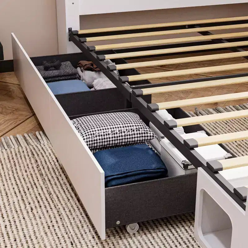 Cadre de lit intelligent Famapy avec Bluetooth, contrôle par application, lumières RVB personnalisables, prises de courant, étagères ouvertes + 4 tiroirs roulants, cadre central en fer, niche pour animaux de compagnie