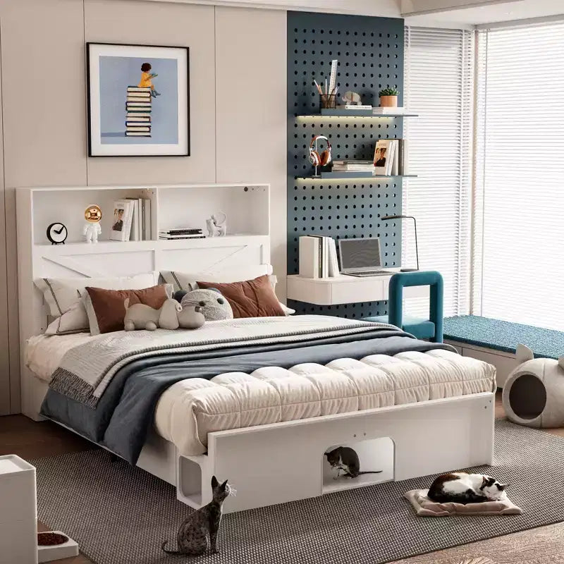 Cadre de lit intelligent Famapy avec Bluetooth, contrôle par application, lumières RVB personnalisables, prises de courant, étagères ouvertes + 4 tiroirs roulants, cadre central en fer, niche pour animaux de compagnie
