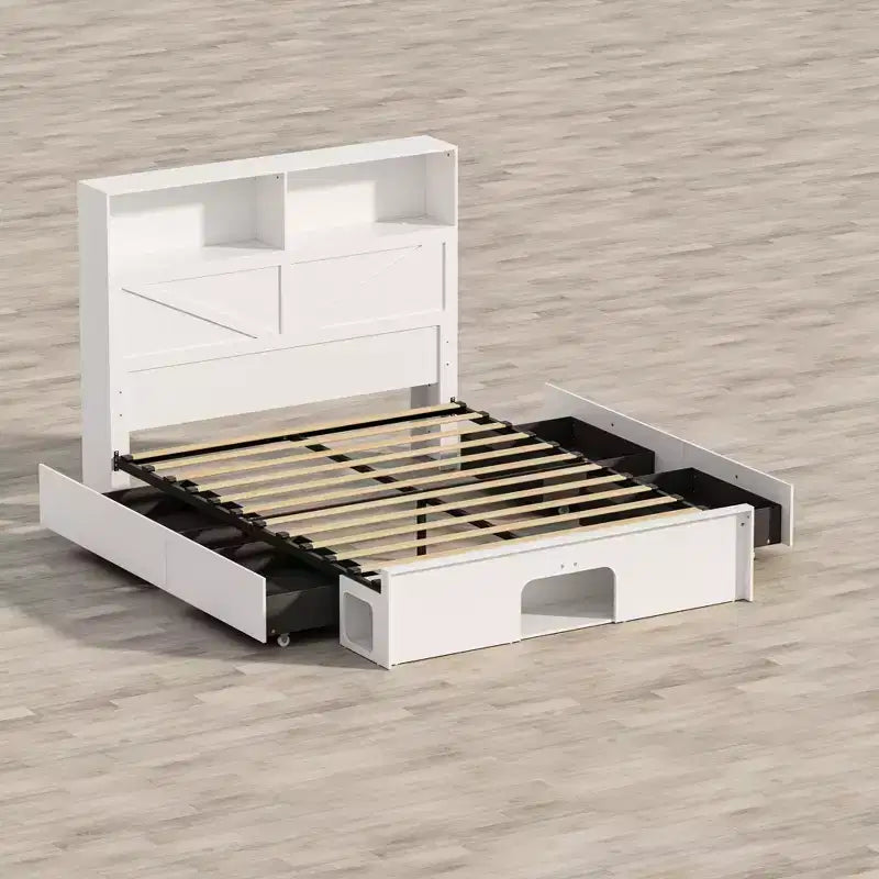 Cadre de lit intelligent Famapy avec Bluetooth, contrôle par application, lumières RVB personnalisables, prises de courant, étagères ouvertes + 4 tiroirs roulants, cadre central en fer, niche pour animaux de compagnie