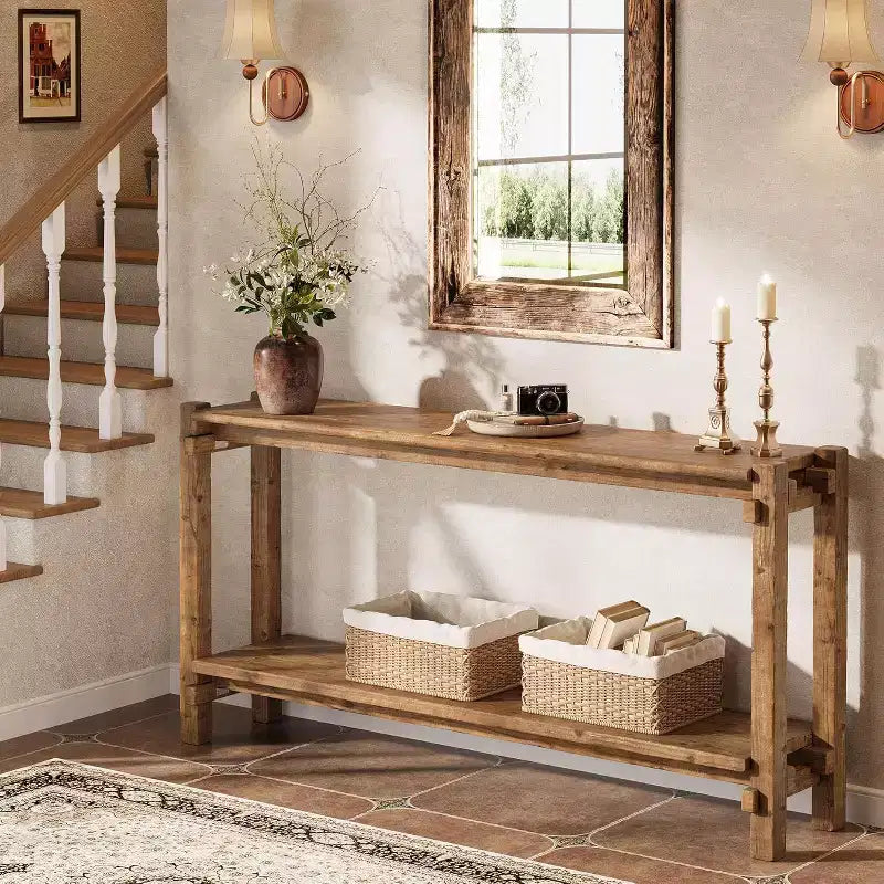 Console Lantine de 160 cm en bois massif, table d'entrée de style rustique à 2 niveaux pour salon, entrée, derrière le canapé