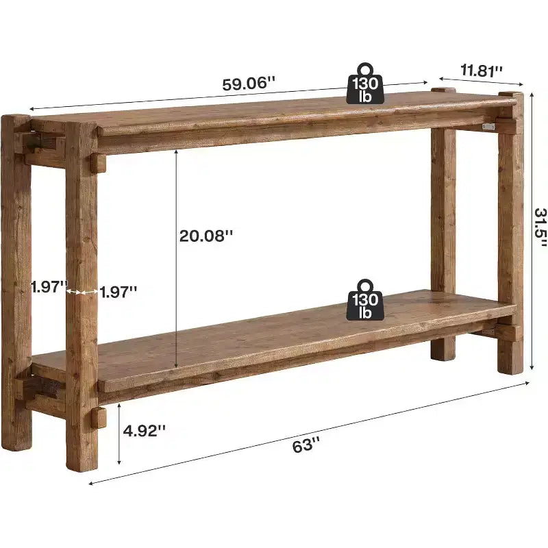 Console Lantine de 160 cm en bois massif, table d'entrée de style rustique à 2 niveaux pour salon, entrée, derrière le canapé