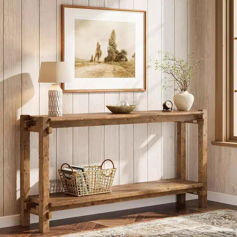 Console Lantine de 160 cm en bois massif, table d'entrée de style rustique à 2 niveaux pour salon, entrée, derrière le canapé