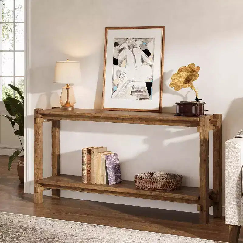 Console Lantine de 160 cm en bois massif, table d'entrée de style rustique à 2 niveaux pour salon, entrée, derrière le canapé