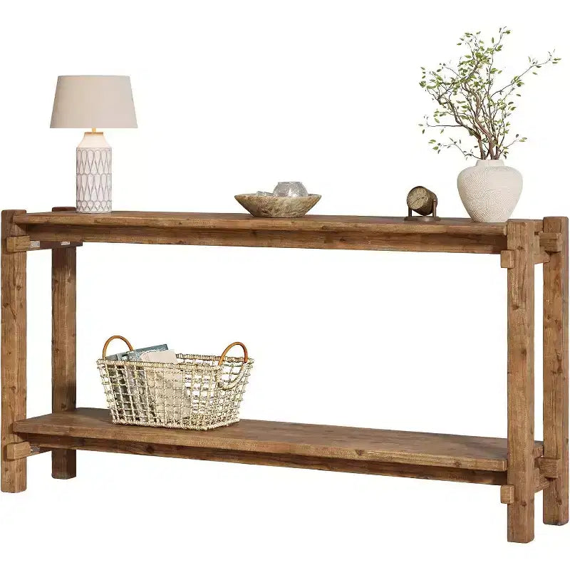Console Lantine de 160 cm en bois massif, table d'entrée de style rustique à 2 niveaux pour salon, entrée, derrière le canapé