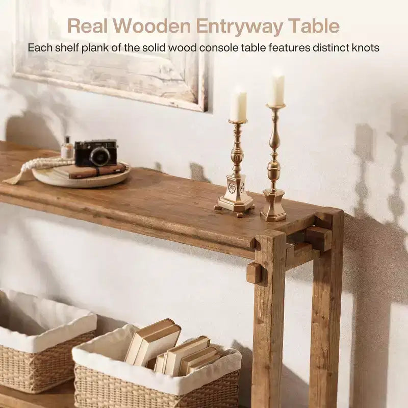 Console Lantine de 160 cm en bois massif, table d'entrée de style rustique à 2 niveaux pour salon, entrée, derrière le canapé